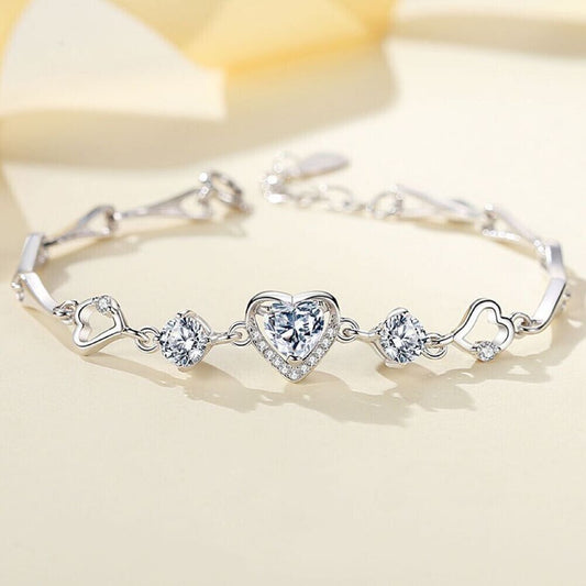 925 Sterling Silver Love Heart Crystal Stone Charm Bracelet Women Jewellery UK