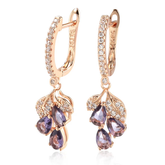 Luxury Full Zircon Purple Pendant Earrings for Women 585 Gold Color Ethnic Wedding Jewelry Vintage Match Accessories
