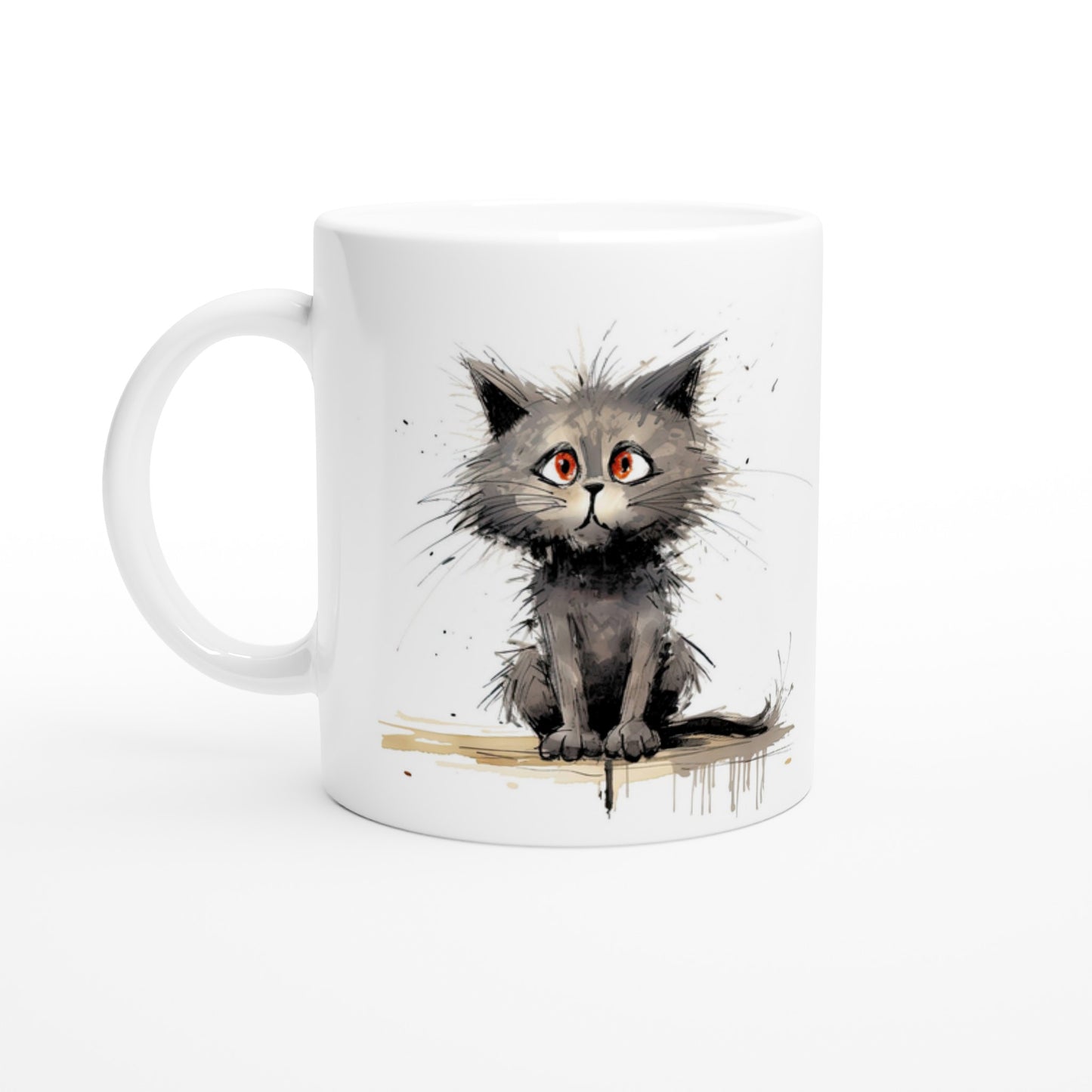 Scruffy Cat Ceramic Mug | 11oz Glossy White with Colored Accents